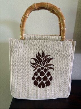 Tommy Bahama Cream Tote with Brown Pineapple Embroidery and Bamboo Handles